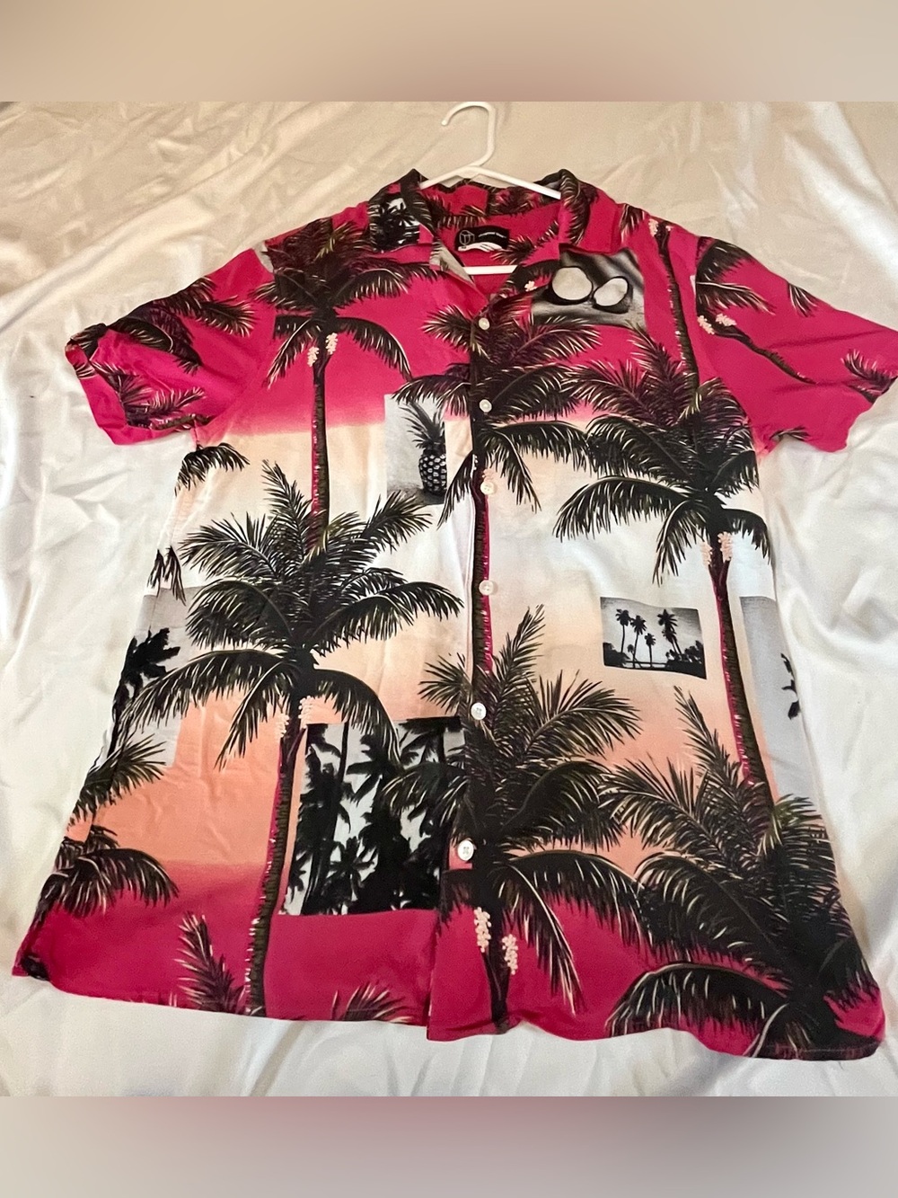 Original Use Pink Palm Tree Hawaiian Resort Rayon Button Up Camp Shirt Mens M